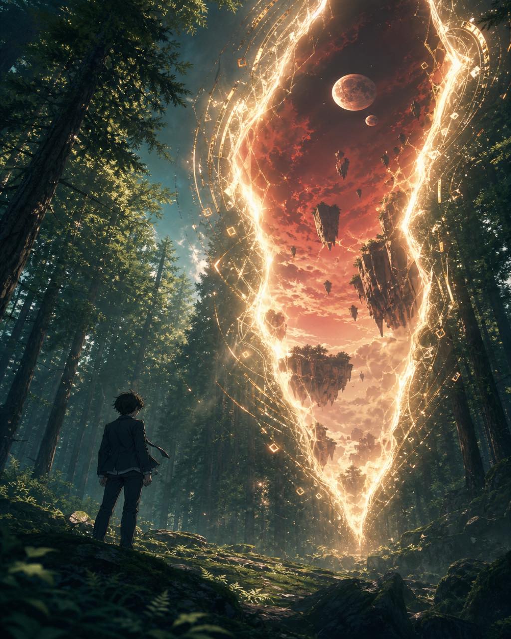 异世界动画宽景，穿校服的少年面对暗森林中巨大发光传送门，裂缝中隐见异界风景。