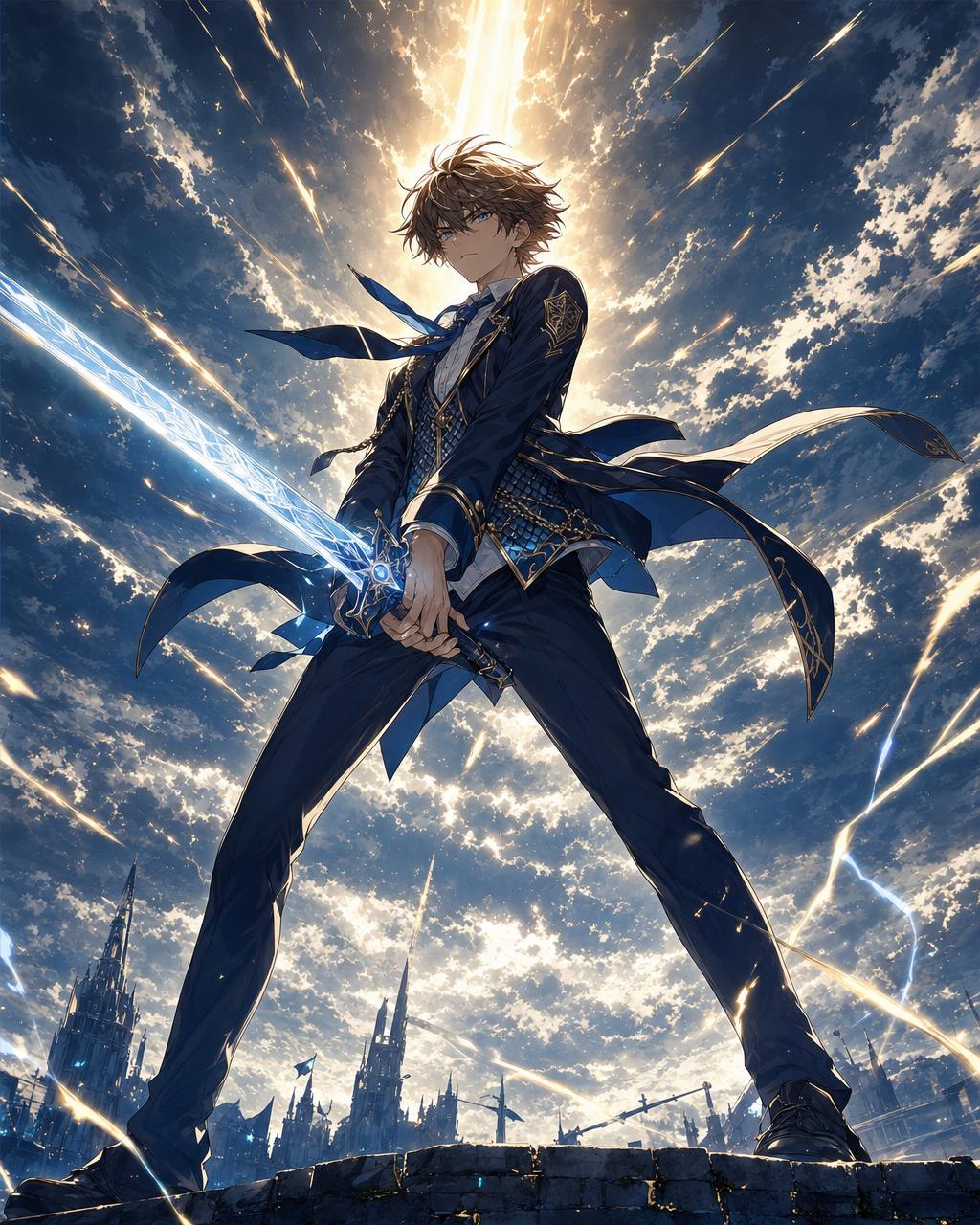 3D anime 赛璐璐异世界主角，制服链甲，持发光长剑，低角英雄亮相，金色破云暴风天空背景。