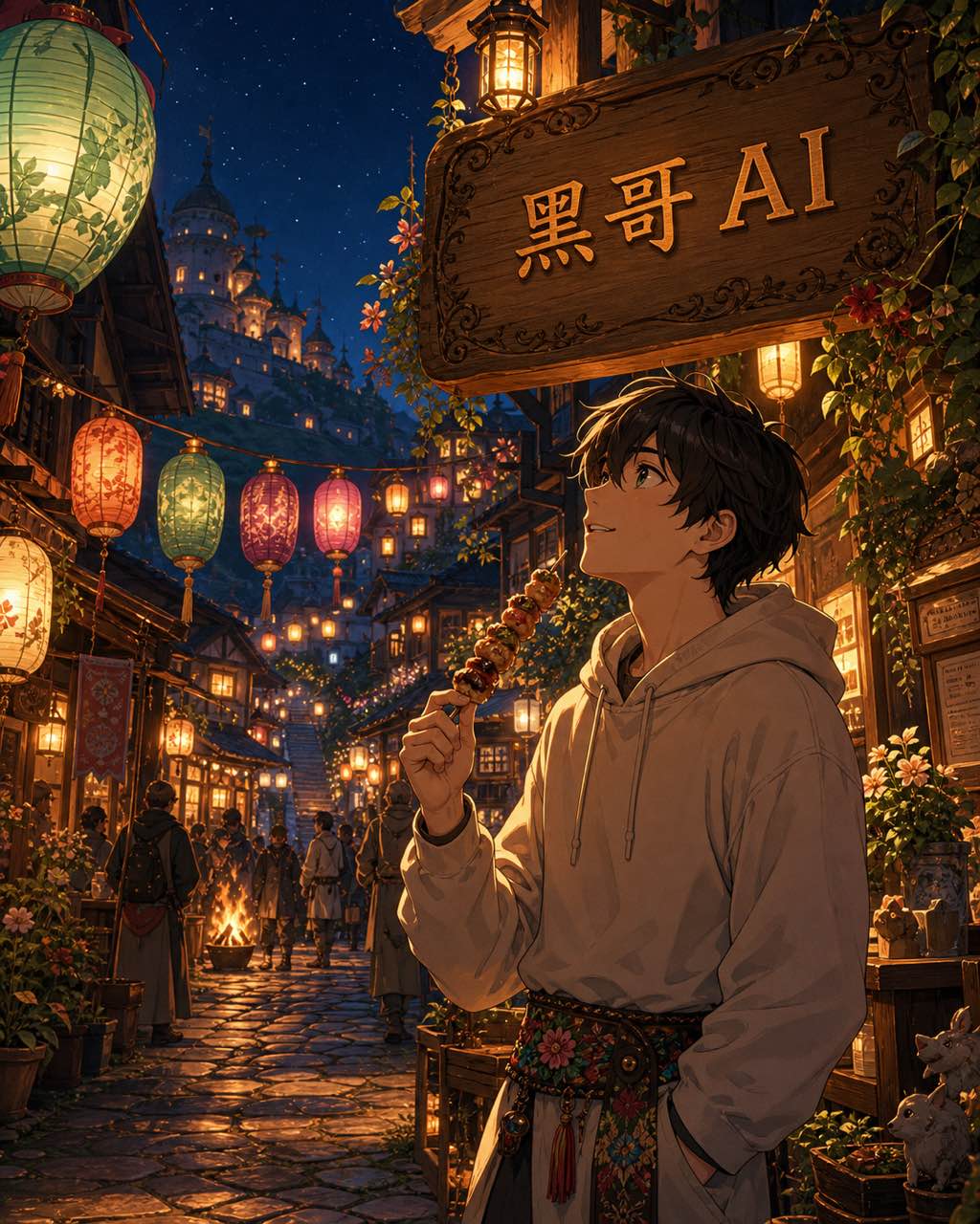 温暖动漫宽幅画面，夜晚鹅卵石村庄巷道悬挂琥珀灯笼，奇幻服装人群，中景火舞，异世界主角穿卫衣戴节日腰带，旅馆招牌"Tsuki to Hi-tori"。
