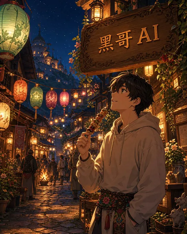 Warm anime wide shot of a cobblestone village lane hung with amber lanterns at night, fantasy-costumed crowds, fire-dancers in midground, isekai protagonist in hoodie and festival sash, inn sign reading Tsuki to Hi-tori.