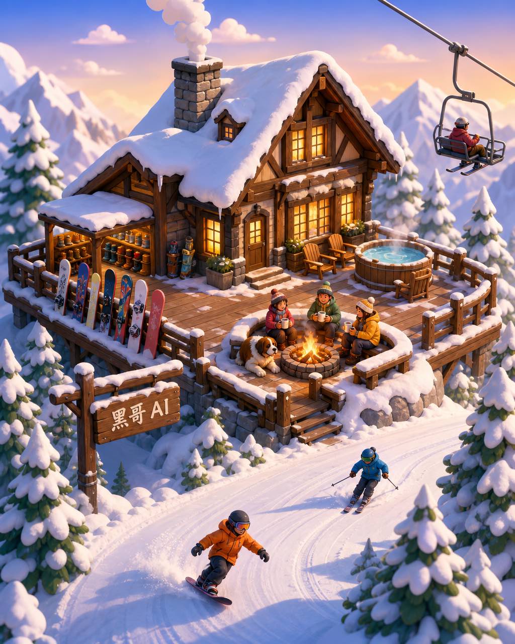 阿尔卑斯滑雪小屋等距立体场景：木屋、环绕露台、热水浴缸、滑雪坡、缆椅、火坑与雪松。
