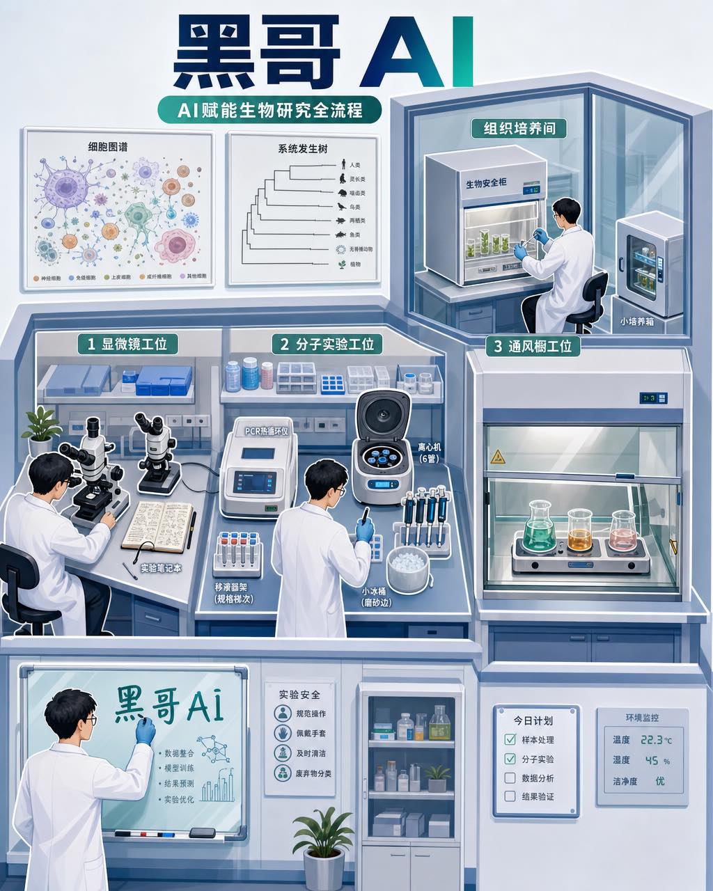 生物实验室等距剖面：显微镜、PCR 仪、通风橱、侧培养间与三名研究员。
