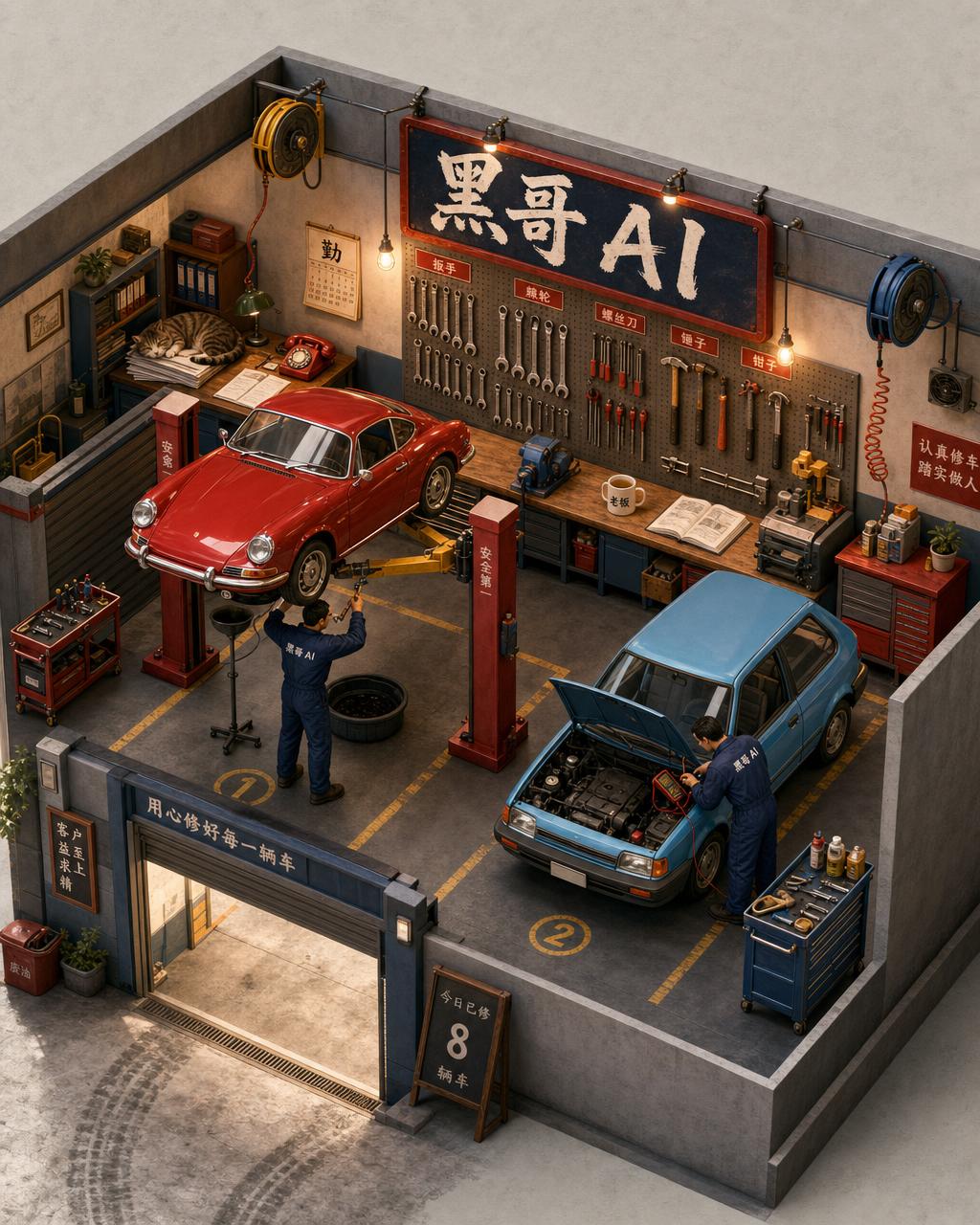 等距双工位汽修车库剖面图，举升的红色跑车、蓝色掀背车、工具洞板、办公室里睡着的虎斑猫。