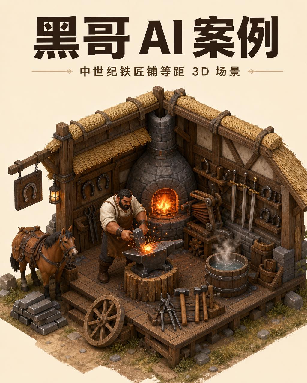 等距中世纪铁匠铺，石炉、铁砧、挥锤铁匠、驮马及成品武器架。
