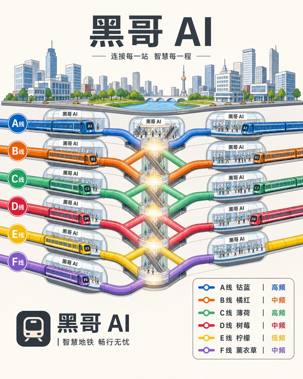 等距矢量插画：城市地表与六线地铁隧道剖面，换乘枢纽柔和发光。