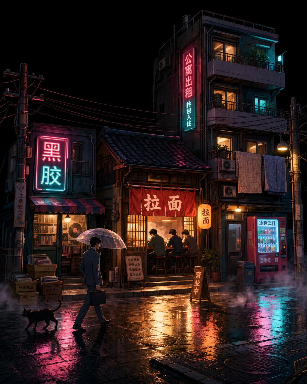 等距夜东京后巷，拉面店、唱片店、公寓、湿沥青上的霓虹倒影，撑伞的上班族。