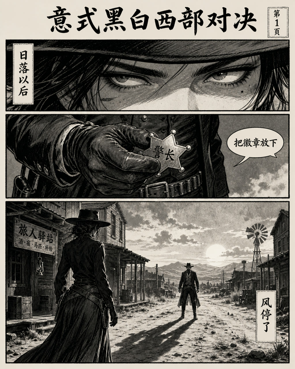意式黑白西部对决，原创漫画风格样本，包含清晰漫画版式、角色动作和可见中文标题。