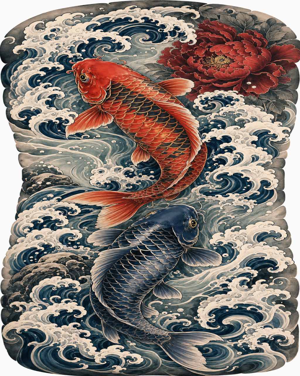 日式刺青整背设计，朱红与靛蓝双鲤在深海军蓝波浪和深红牡丹间逆流而上。