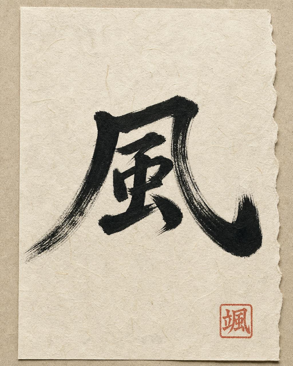 长条奶油和纸上一笔挥就的黑墨 風 字，配一枚红色落款印