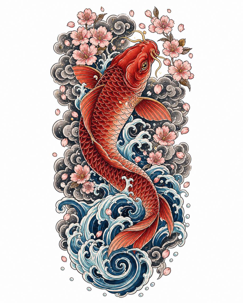 日式 irezumi 锦鲤满袖 flash 稿，含浪花樱花云气纹，孤立白底。