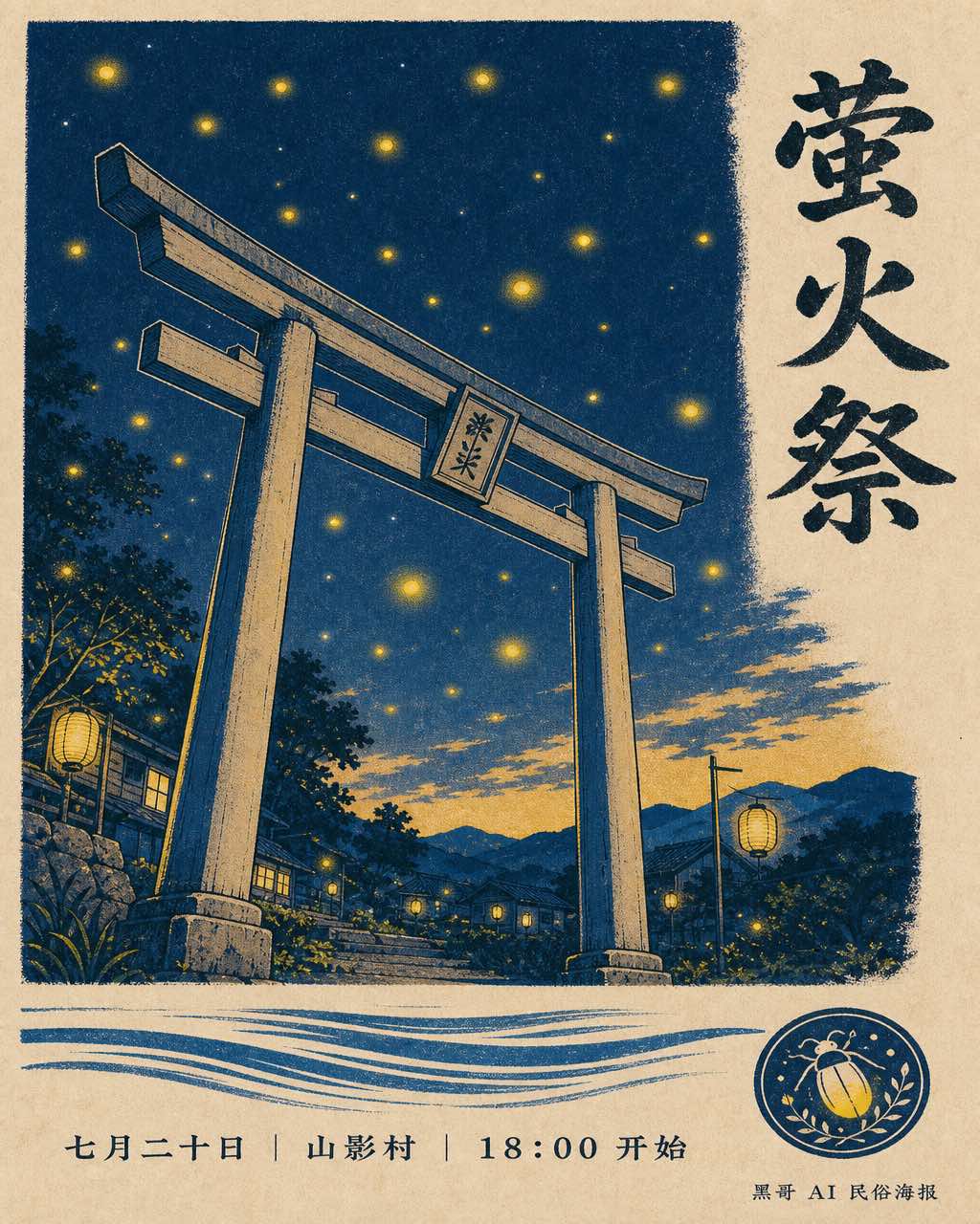 risograph 竖版海报：黄昏狭高鸟居，靛蓝夜空满黄萤，蓝色河线，大字书法 蛍祭り。