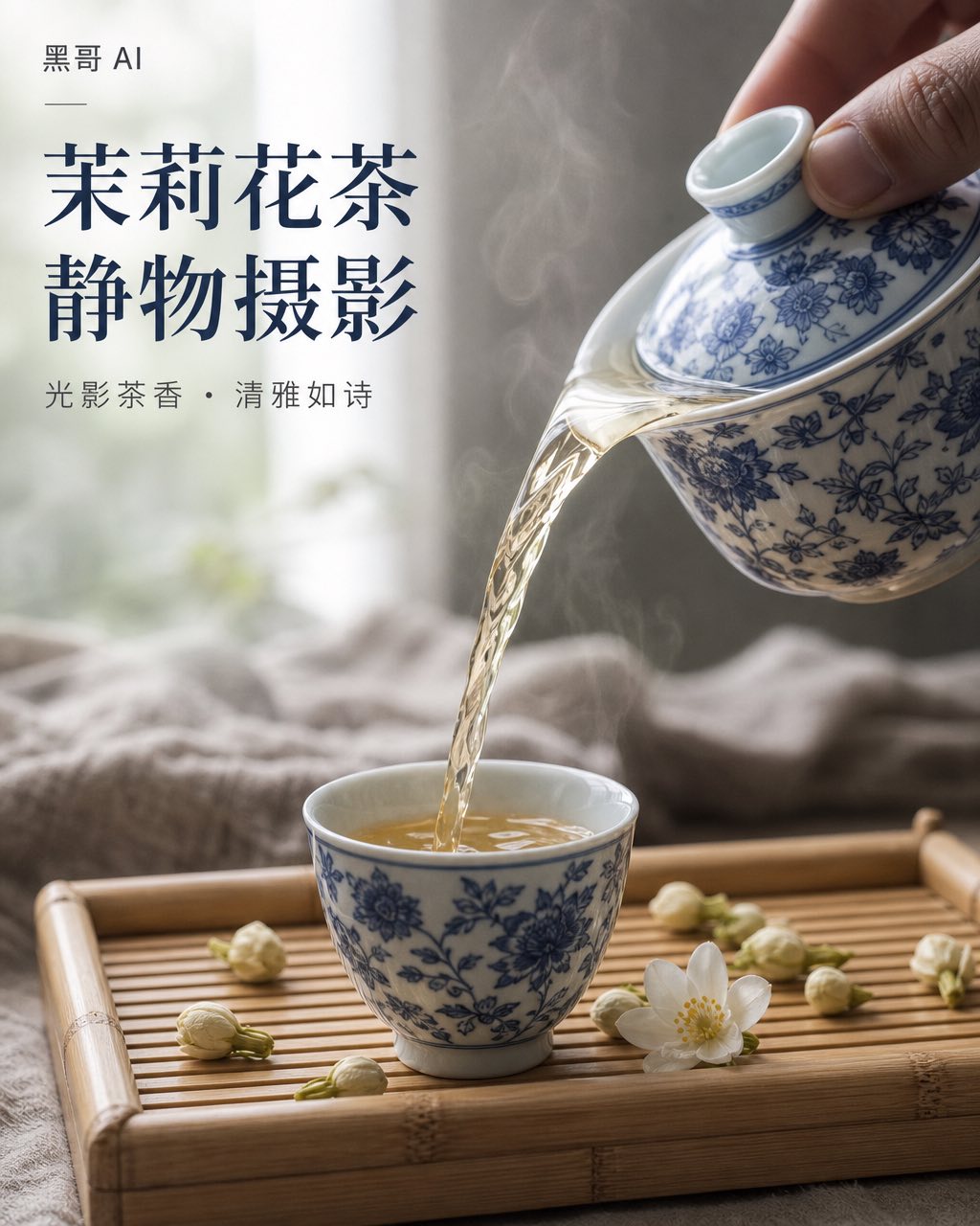 青花瓷盖碗注出淡金茉莉花茶，蒸汽轻升，竹茶盘上散落茉莉花苞。