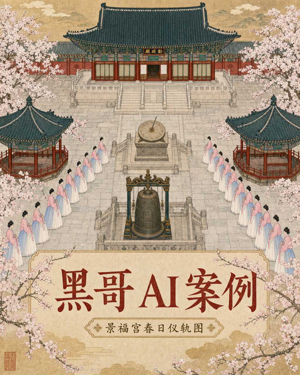 朝鲜仪轨风格俯瞰景福宫春日庭院，樱花盛开，丹青斗拱殿堂，宫女列队。