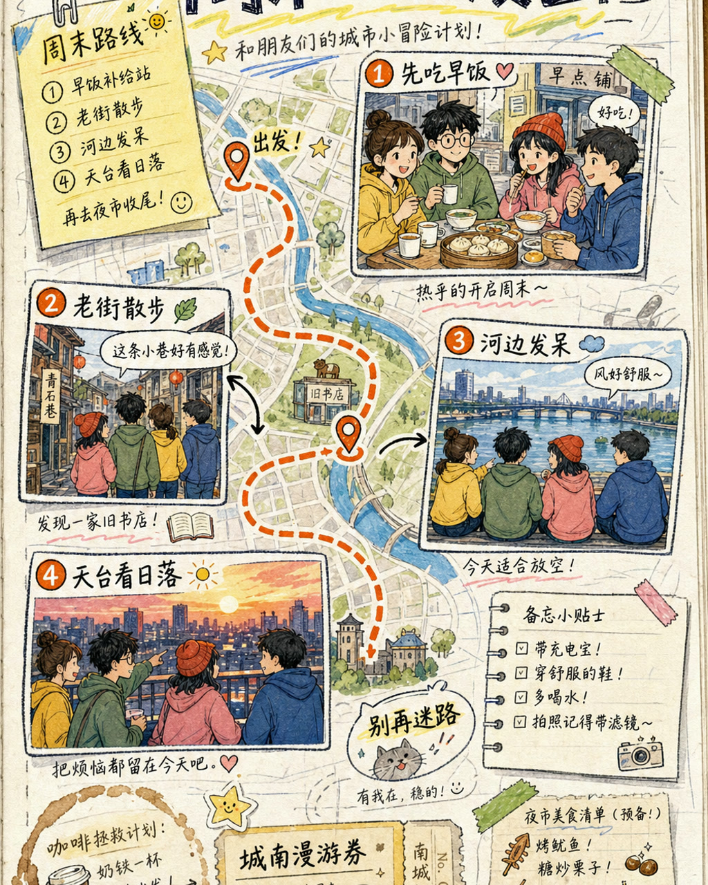手帐涂鸦周末地图漫画，原创漫画风格样本，包含清晰漫画版式、角色动作和可见中文标题。