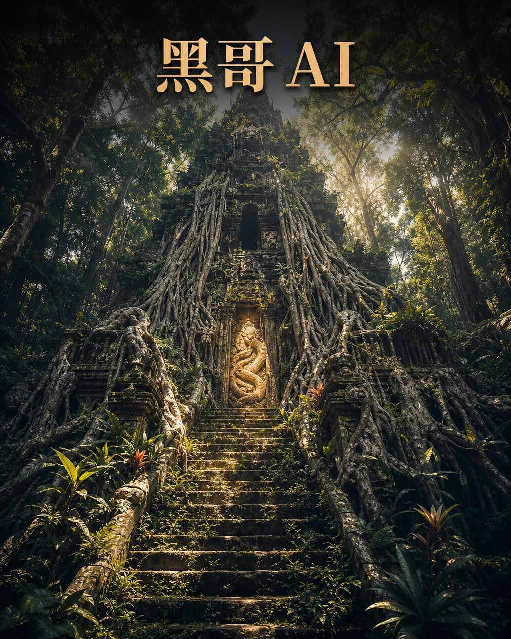 低角度仰视丛林中被藤蔓覆盖的古石阶，斑驳绿金光，绞杀榕根系垂挂两侧，苔藓密布，氛围肃穆。