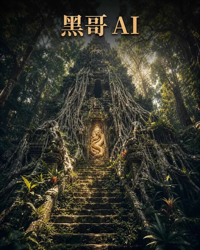 低角度仰视丛林中被藤蔓覆盖的古石阶,斑驳绿金光,绞杀榕根系垂挂两侧,苔藓密布,氛围肃穆。