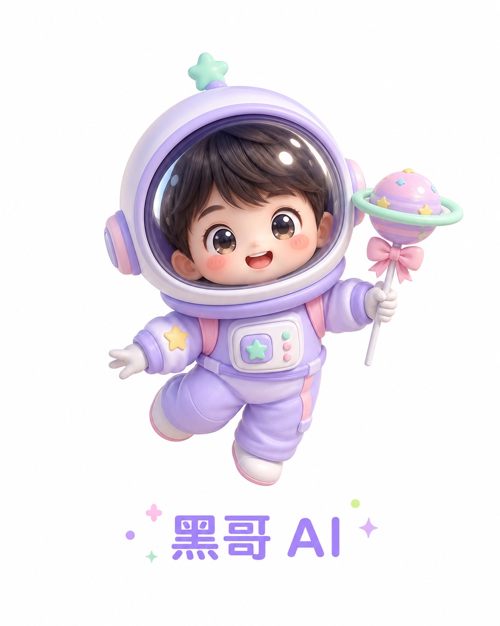 可爱 Chibi 宇航员，淡紫色太空服配超大圆形面罩，玫瑰腮红，一手握土星棒棒糖，白色背景。