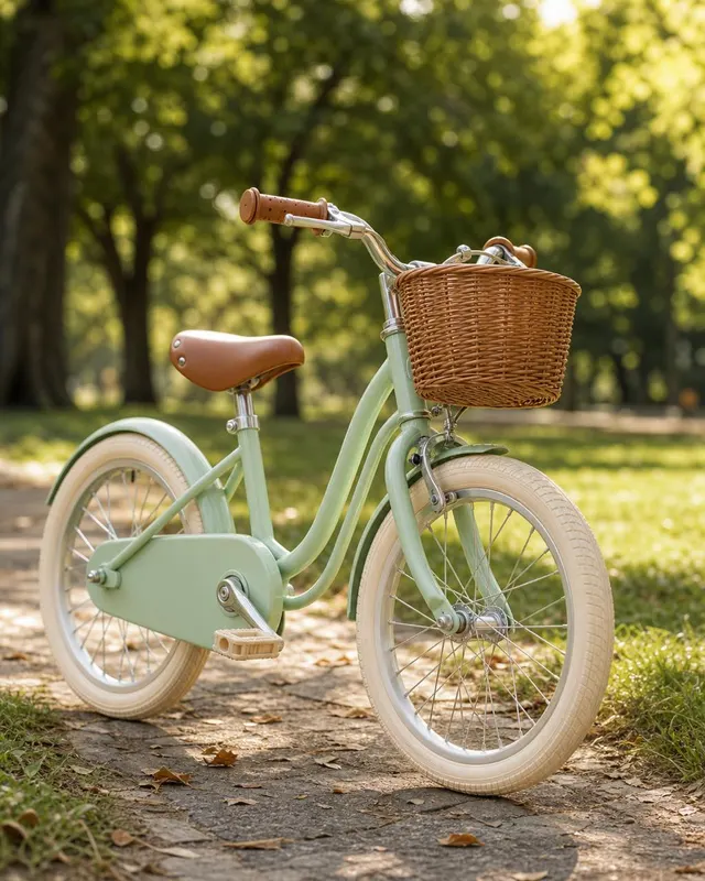 Red children's balance bicycle with woven basket leaning against a mossy stone wall on an autumn park path in golden-hour light.