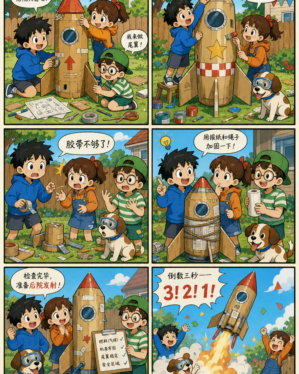 儿童漫画后院火箭，原创漫画风格样本，包含清晰漫画版式、角色动作和可见中文标题。