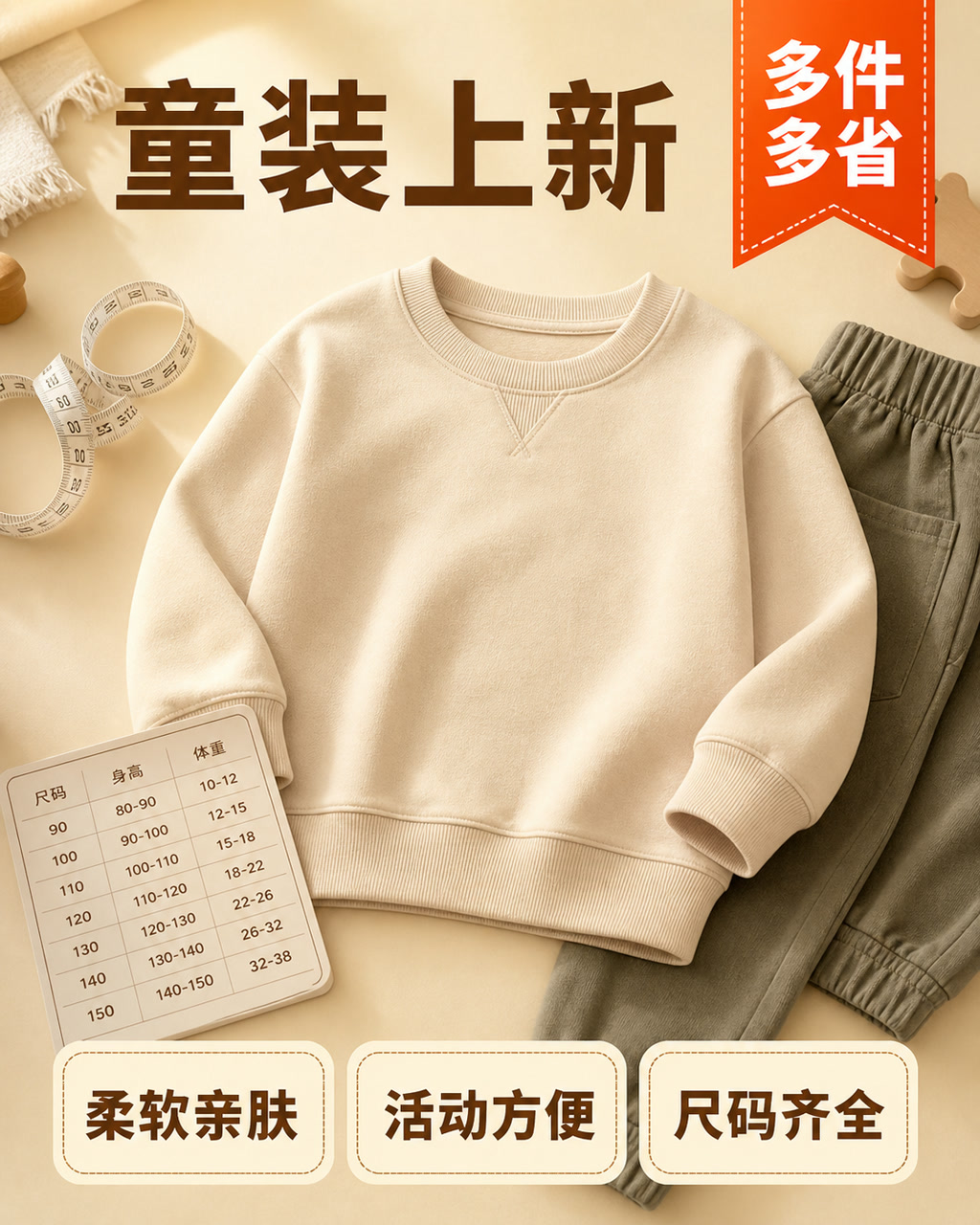 童装卫衣尺码图，主文案为「童装上新」，卖点为「柔软亲肤、活动方便、尺码齐全」。