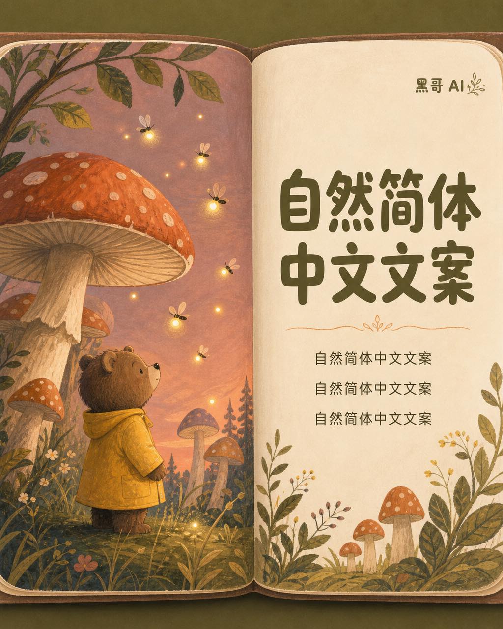 儿童绘本跨页，水粉画风格，穿雨衣的小熊仰望萤火虫，大号圆润字体，温暖色调。
