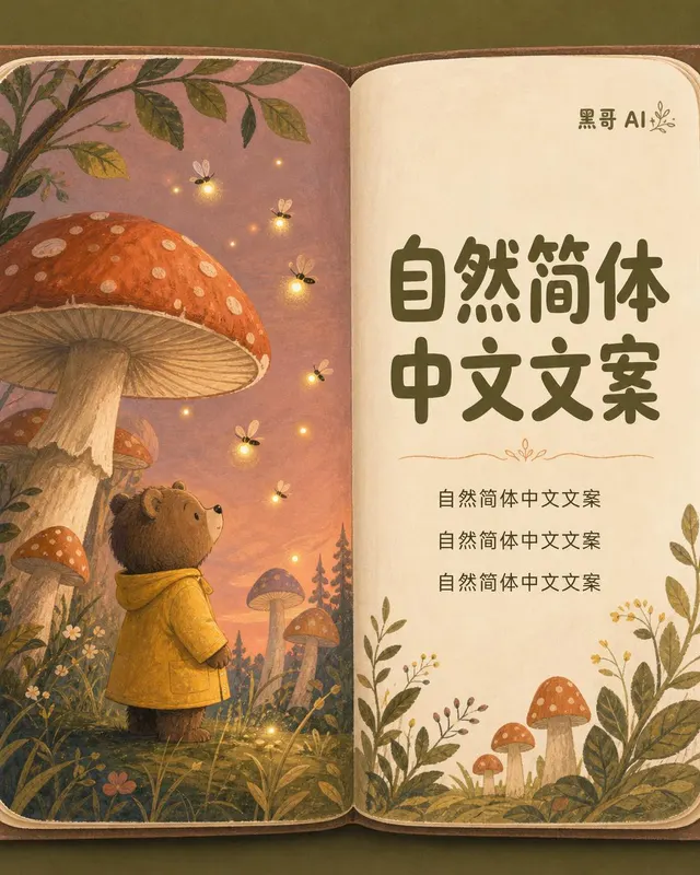 儿童绘本跨页,水粉画风格,穿雨衣的小熊仰望萤火虫,大号圆润字体,温暖色调。