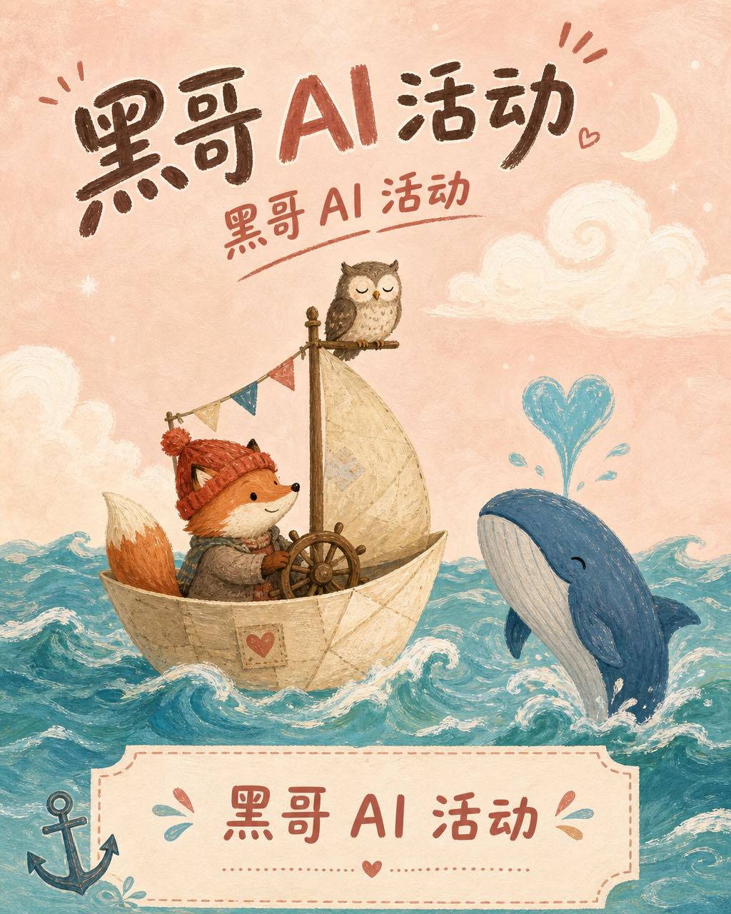 gouache 儿童剧场海报，纸船上狐狸船长与猫头鹰、喷心形水柱的鲸鱼，标题 The Brave Little Sail。