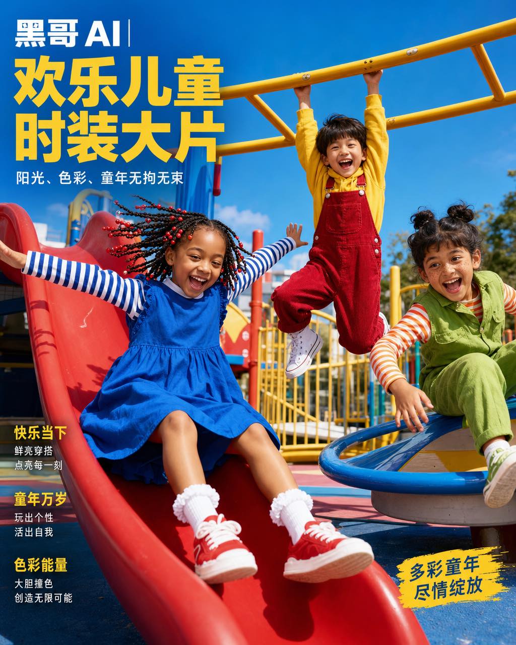 三个身穿钴蓝、红色、黄色与绿色撞色服装的孩子在色彩鲜艳的操场上嬉戏——滑滑梯、吊猴架、坐旋转盘。
