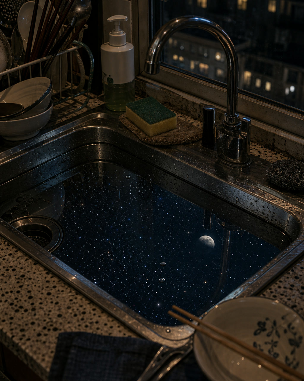 厨房水槽里的夜空案例图，家庭厨房水槽里倒映出深邃星空和小小月亮，水滴真实，旁边碗筷和海绵生活化。