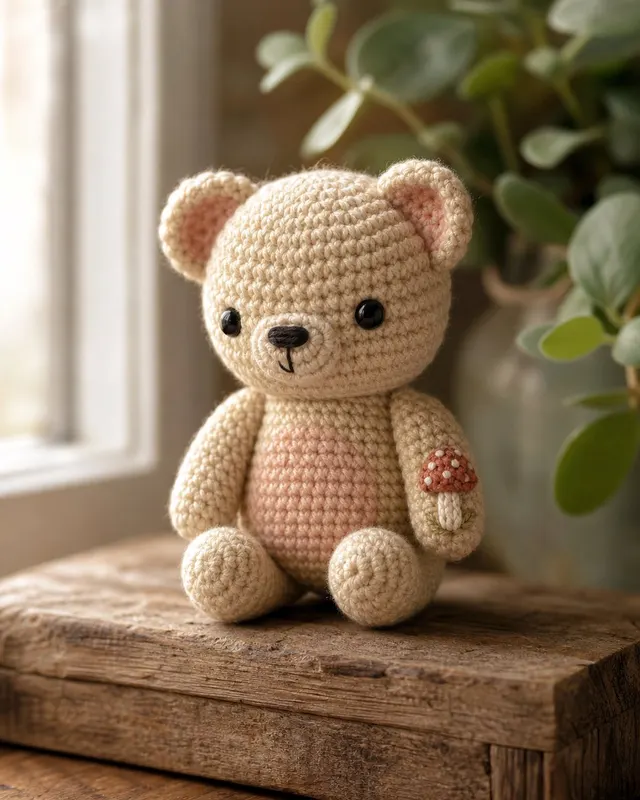 Handmade amigurumi crochet bear in oatmeal beige with blush-pink belly, sitting on a wooden shelf with a mushroom on its paw, lit by soft window light.