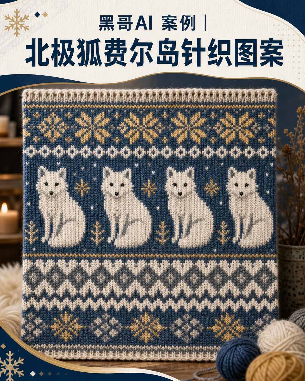 费尔岛针织样片插画，Nordic 蓝底象牙白北极狐排列成行，金色雪花和菱形格图案带镶边。
