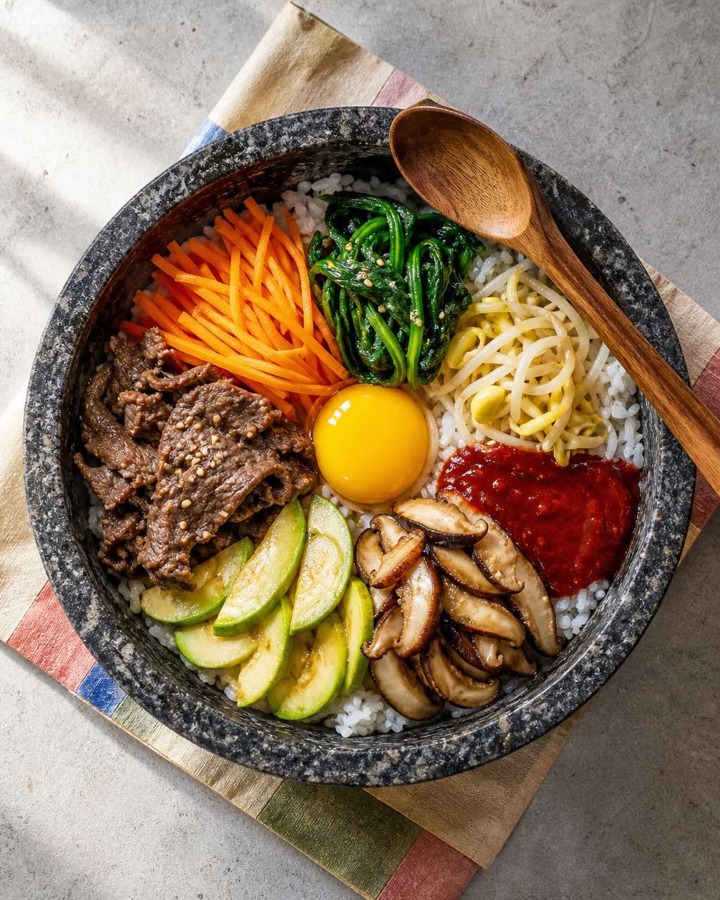 Overhead bibimbap in a sizzling black stone bowl with colorful vegetable wedges, bulgogi beef, raw egg yolk, and gochujang.