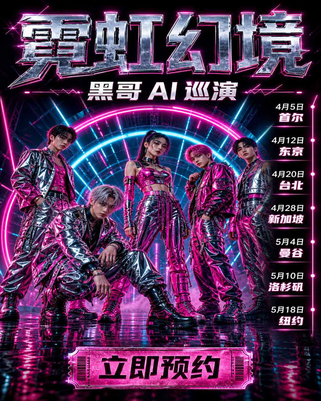 光面 K-pop 巡演海报：五人镀铬品红街装立于湿镜地，品红青霓虹环绕，大字 LOOM 与侧栏日期。