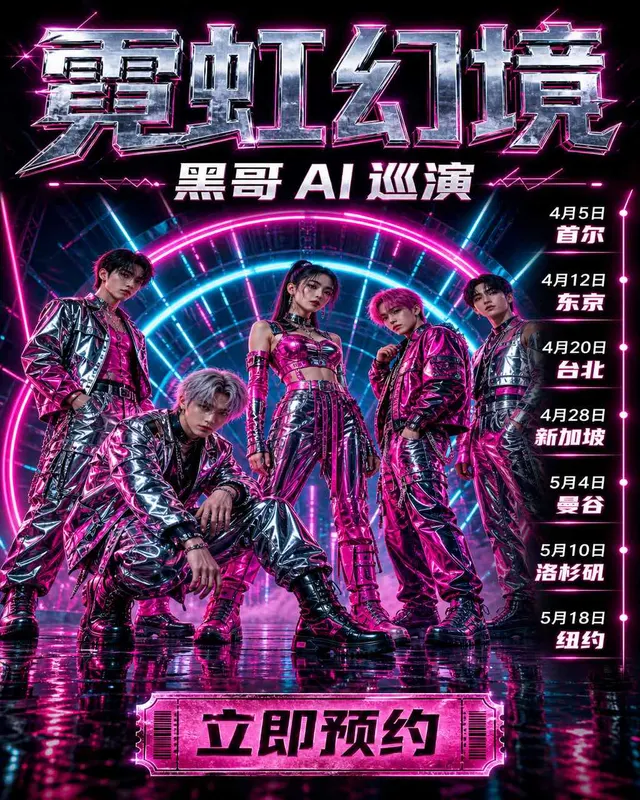 光面 K-pop 巡演海报:五人镀铬品红街装立于湿镜地,品红青霓虹环绕,大字 LOOM 与侧栏日期。