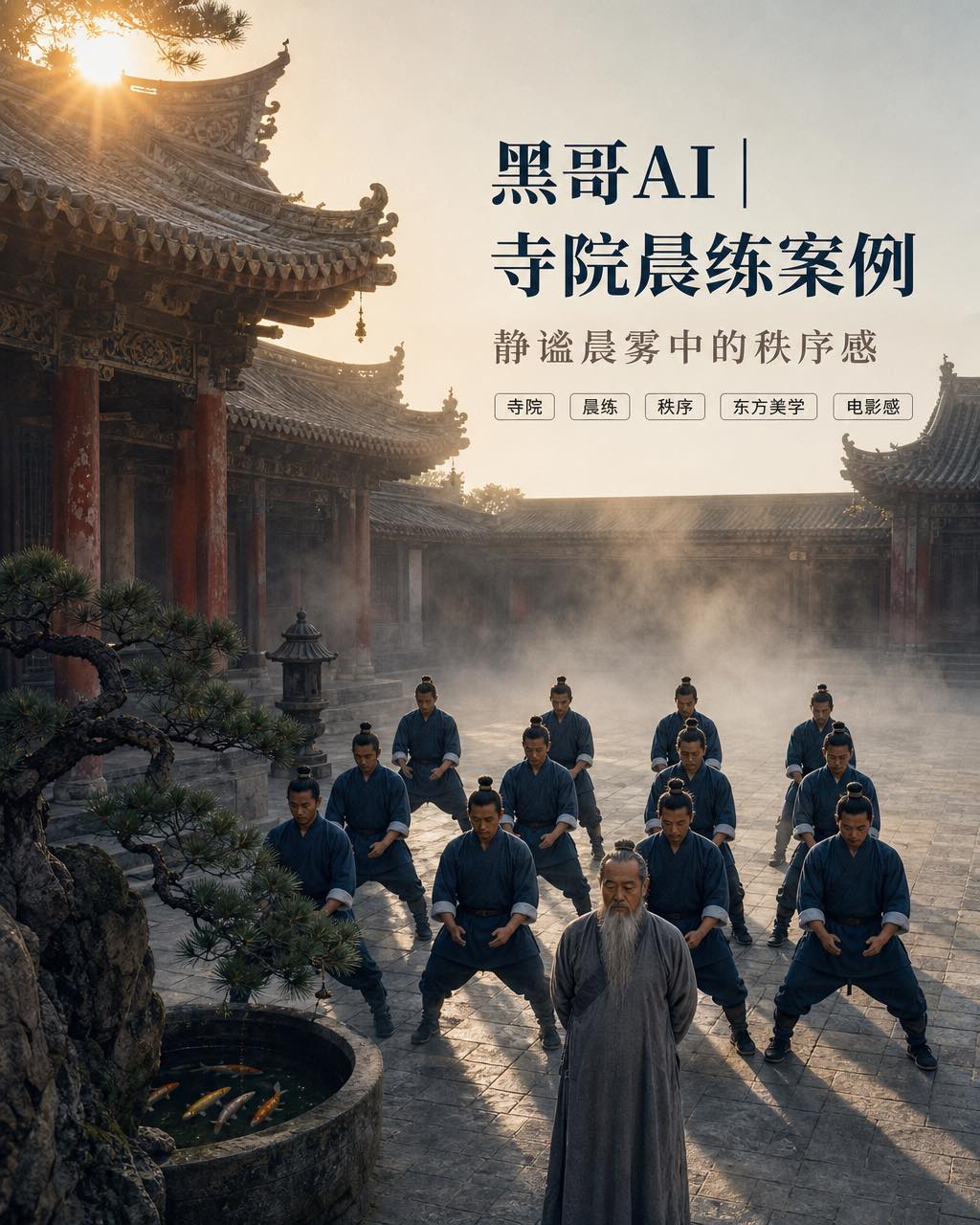 黎明寺庙石板庭院中十二名靛蓝练功服弟子列队站马步，前方灰袍老师父，地面薄雾，角落苍松。