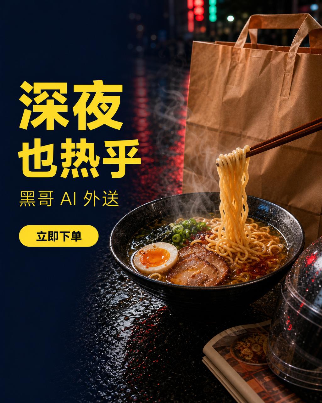 俯拍湿地面拉面，霓虹倒影，深蓝色块上柠檬黄字 OPEN TILL 4 AM。