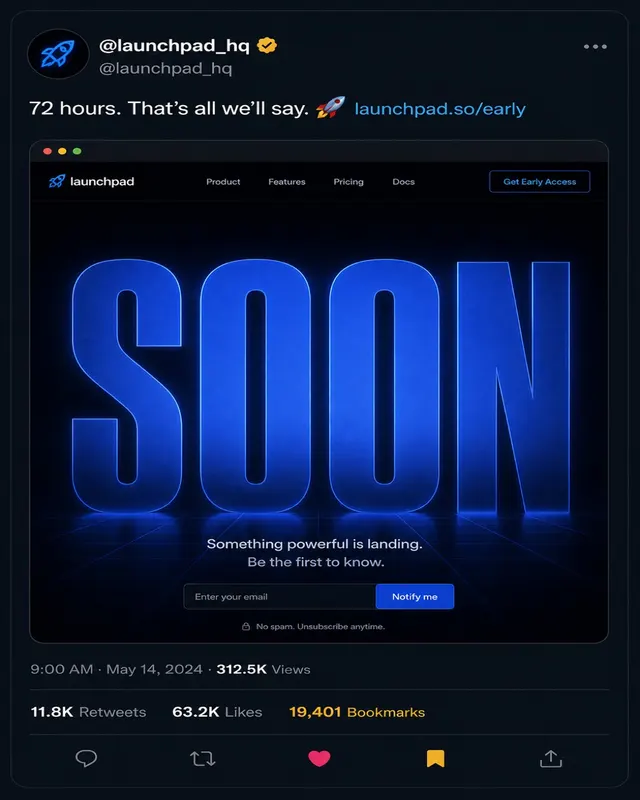 暗色模式 Twitter SaaS 发布预告推文,附钴蓝渐变 SOON 海报,19K 收藏。