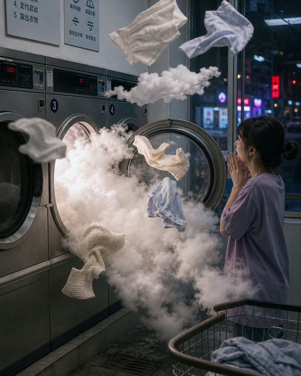 洗衣房云朵烘干机案例图，自助洗衣房烘干机门打开后涌出柔软云朵，衣物悬浮，夜晚荧光灯与窗外霓虹，真实空间。