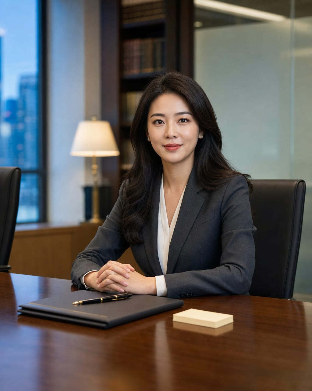 律师职业形象照：深色西装、书架或法务空间，强调可信和严谨。