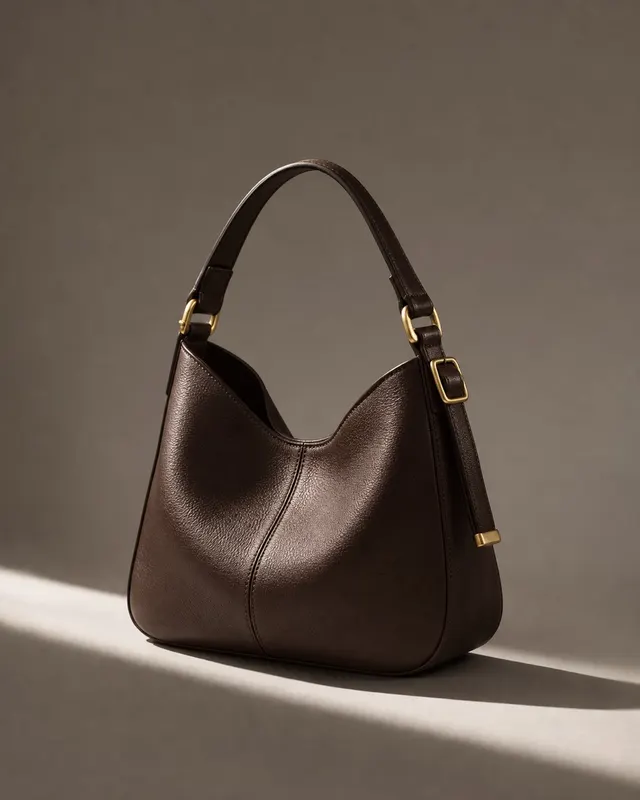 Oxblood pebbled leather tote on a walnut console with a diagonal window-light stripe and a mustard silk scarf spilling out.