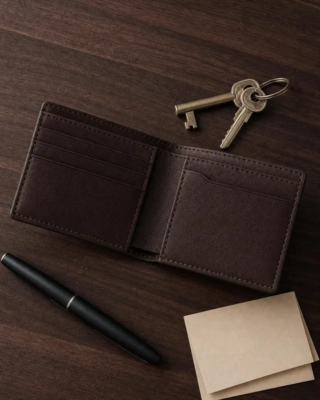 Open tan leather bifold wallet flat-lay on concrete with fanned cards and a peeking banknote, shot overhead.