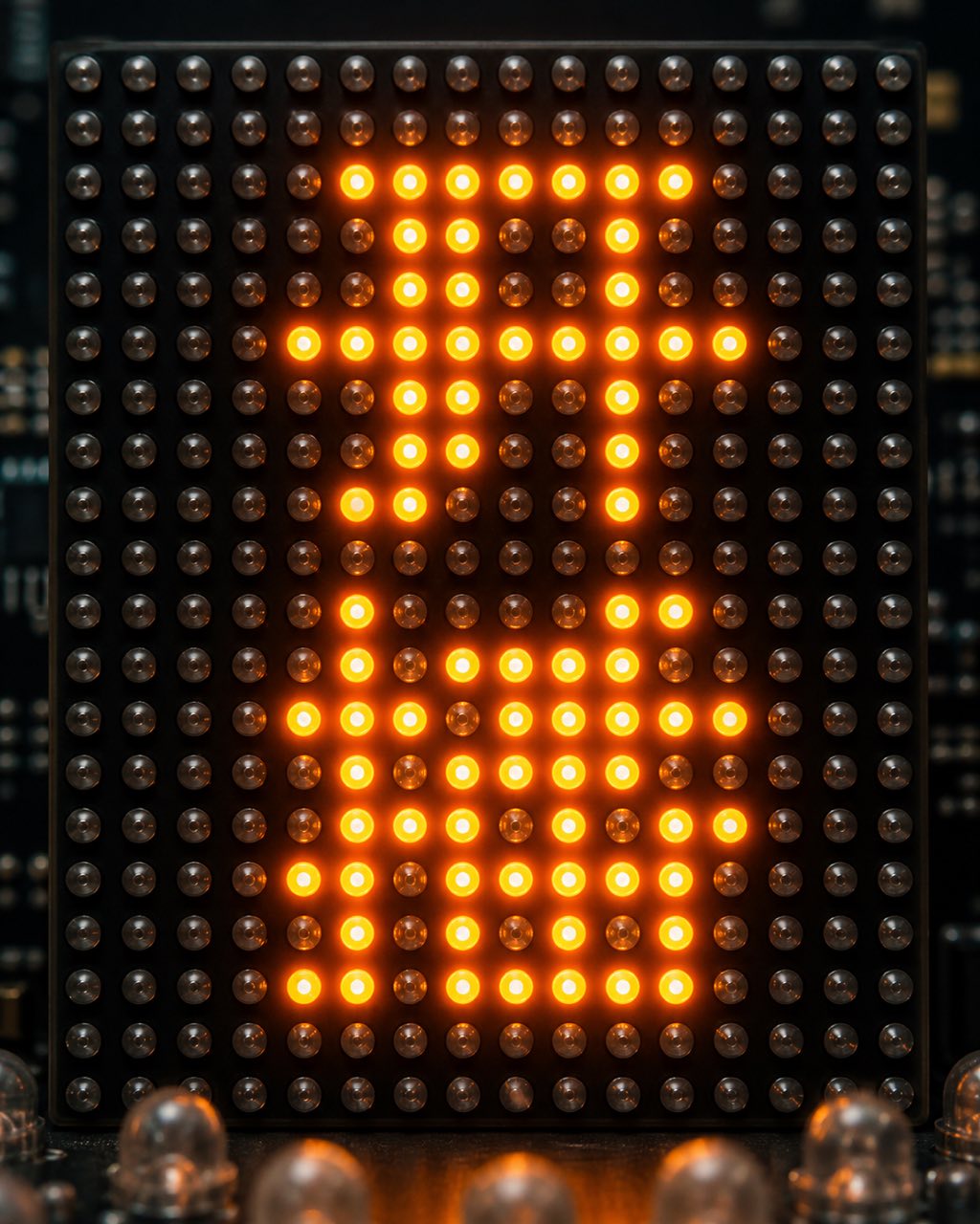 单词 PLAY 以暖橙 LED 点阵像素字体显示于黑色 PCB 大间距面板上，关闭状态凸面 LED 穹顶清晰可见