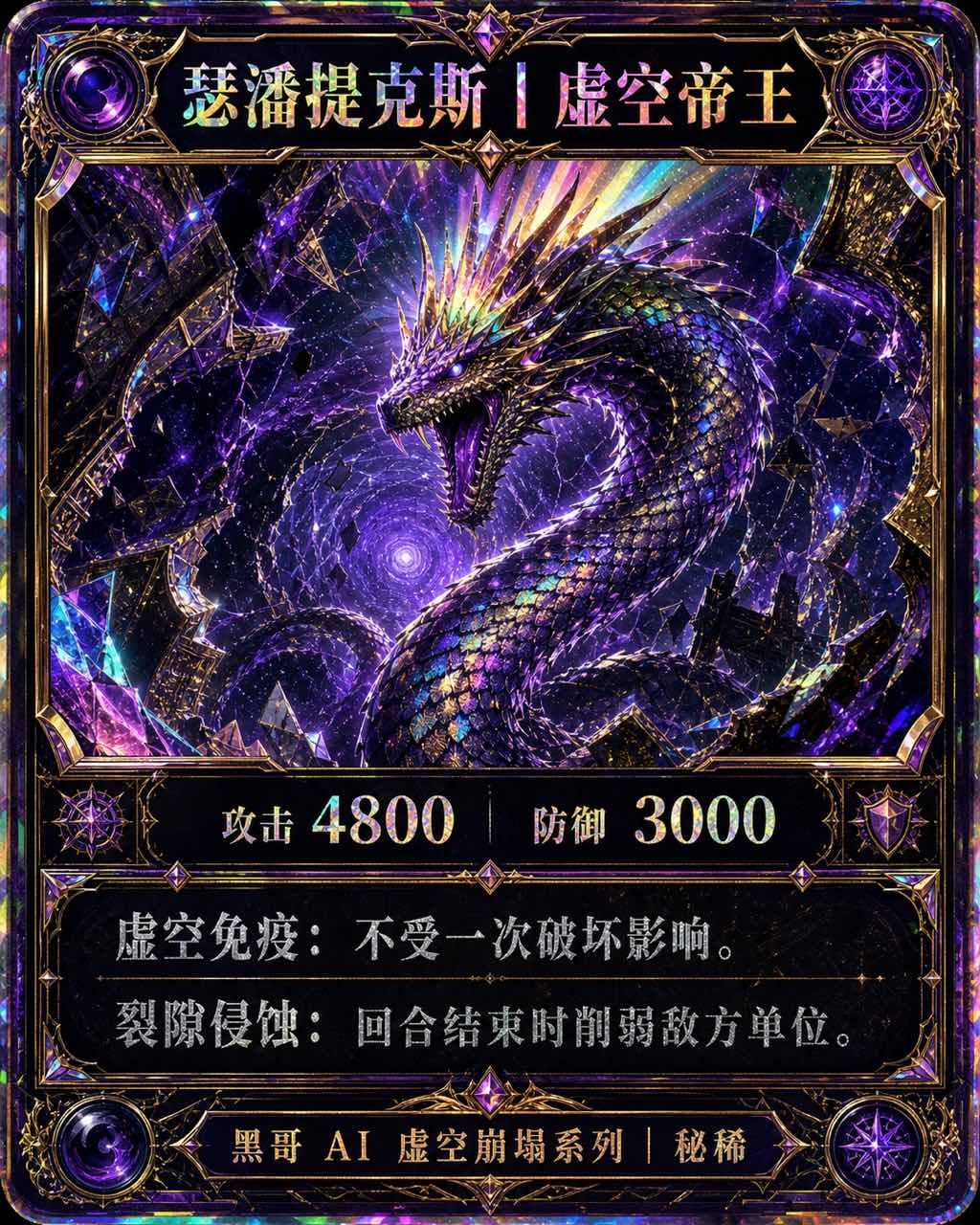 彩虹棱镜全息传说 TCG 卡，虚空皇帝蛇龙，高攻守数值，星形全息稀有度宝石。