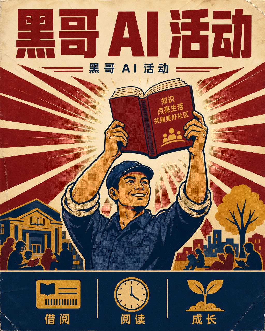 市政风格图书馆推广海报，风格化工人举书如举火炬，背后放射太阳光，标语 A BOOK A WEEK / A YEAR REBUILT。