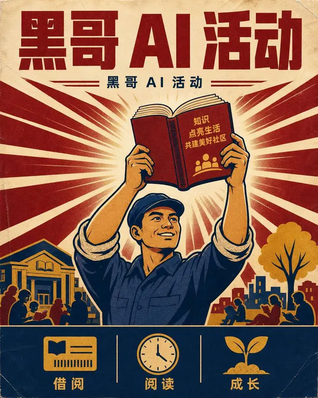 市政风格图书馆推广海报,风格化工人举书如举火炬,背后放射太阳光,标语 A BOOK A WEEK / A YEAR REBUILT。