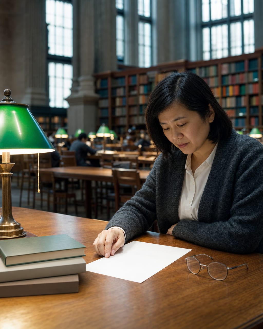 图书馆学者人像：一位学者坐在旧图书馆长桌旁，手边摊开一本厚书，抬头看向镜头，高书架、绿色台灯和木质长桌构成背景，书脊不要出现可读文字。