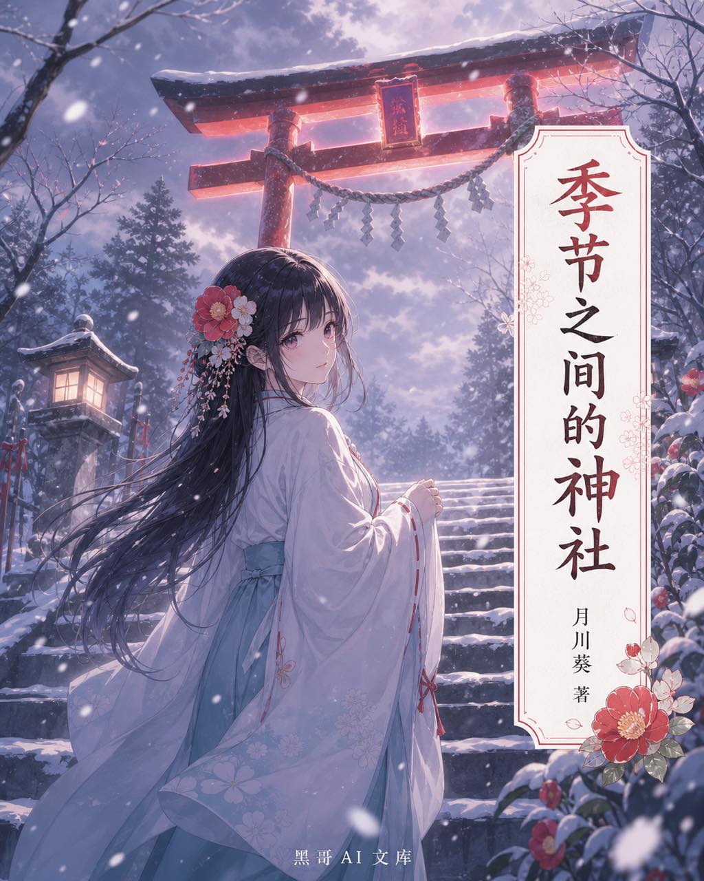 轻小说封面，巫女少女站在积雪神社石阶回眸，朱红鸟居发光，浅蓝和服，雪花飘落。