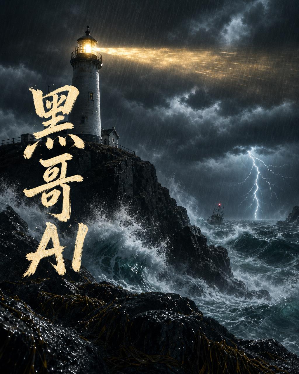 宽幅电影感视角，白色灯塔在风暴崖顶射出金色光束扫过雨夜。