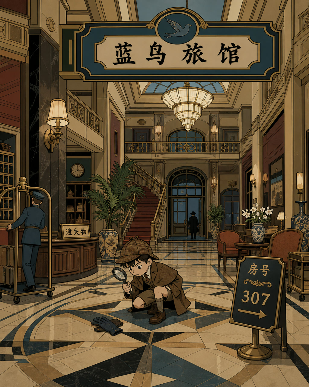 清线侦探酒店大厅，原创漫画风格样本，包含清晰漫画版式、角色动作和可见中文标题。