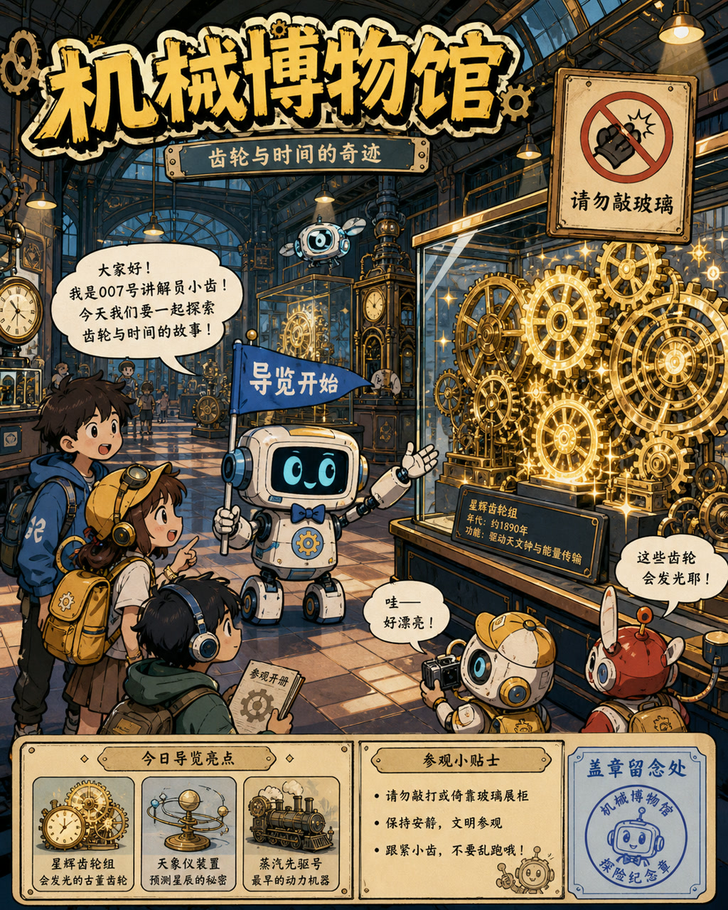 清线机器人博物馆导览，原创漫画风格样本，包含清晰漫画版式、角色动作和可见中文标题。
